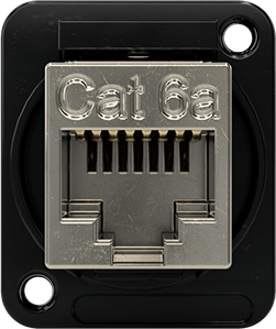 Image of Product. Back orientation. Panel-Mount RJ45 Adapter, Shielded Screw-on, Zinc, Category 6A, 4-40 UNC Holes.