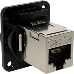 Image of Product. Back orientation. Panel-Mount RJ45 Adapter, Shielded Screw-on, Zinc, Category 6A, 4-40 UNC Holes.