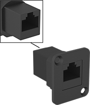 Image of Product. Unshielded Screw-On Adapter with Plastic Housing. Front orientation. Contains Inset. RJ45 Connectors. Panel-Mount RJ45 Adapters, Unshielded Screw-On Adapters, RJ45 Female × RJ45 Female, Plastic Housing.