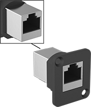 Image of Product. Shielded Screw-On Adapter with Plastic Housing. Front orientation. Contains Inset. RJ45 Connectors. Panel-Mount RJ45 Adapters, Shielded Screw-On Adapters, RJ45 Female × RJ45 Female, Plastic Housing.