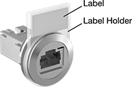 Image of System. Shown with Label and Label Holder. Front orientation. Contains Annotated. RJ45 Connectors. Panel-Mount RJ45 Adapters, Shielded Screw-In Adapters.
