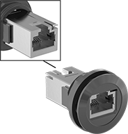 Image of Product. Shielded Screw-In Adapter with Plastic Housing. Front orientation. Contains Inset. RJ45 Connectors. Panel-Mount RJ45 Adapters, Shielded Screw-In Adapters.