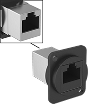 Image of Product. Unshielded Screw-On Adapter with Zinc Housing. Front orientation. Contains Inset. RJ45 Connectors. Panel-Mount RJ45 Adapters, Unshielded Screw-On Adapters, RJ45 Female × RJ45 Female, Zinc Housing.