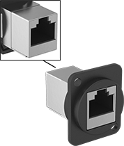 Image of Product. Shielded Screw-On Adapters with Zinc Housing. Front orientation. Contains Inset. RJ45 Connectors. Panel-Mount RJ45 Adapters, Shielded Screw-On Adapters, RJ45 Female × RJ45 Female, Zinc Housing.