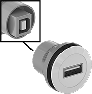 Image of Product. Front orientation. Contains Inset. USB Connectors. Panel-Mount USB Adapters, Straight USB-A Female (Outside Connection) × USB-B Female (Inside Connection).
