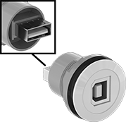 Image of Product. Front orientation. Contains Inset. USB Connectors. Panel-Mount USB Adapters, Straight USB-B Female (Outside Connection) × USB-A Female (Inside Connection).