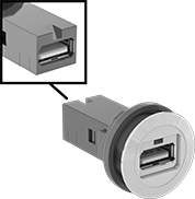 Image of Product. Front orientation. Contains Inset. USB Connectors. Panel-Mount USB Adapters, Straight USB-A Female (Outside Connection) × USB-A Female (Inside Connection).