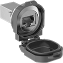 Image of ProductInUse. Shown with Cap. Front orientation. Ethernet Cords. Shielded Panel-Mount Ethernet Cords, Screw-In Ethernet Cords.