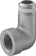 Image of Product. Female x Male. Front orientation. Pipe and Fittings. Low-Pressure Stainless Steel Threaded Pipe Fittings with Sealant, 90° Elbow Adapters, Male, Threaded Fitting Connection, Female.