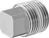 Image of Product. Male. Front orientation. Pipe and Fittings. Low-Pressure Stainless Steel Threaded Pipe Fittings with Sealant, External-Square-Drive Plugs, Threaded Fitting Connection, Male, Square Body.