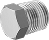 Image of Product. Male. Front orientation. Pipe and Fittings. Low-Pressure Stainless Steel Threaded Pipe Fittings with Sealant, External-Hex-Drive Plugs, Threaded Fitting Connection, Male, Hex Body.