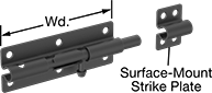 Image of Product. Front orientation. Contains Annotated. Slide-Bolt Latches. Lift-and-Drop Barrel Padlockable Slide-Bolt Latches, Black Painted Steel, Style A.