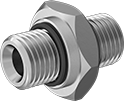 Image of Product. Male. Front orientation. Pipe and Fittings. Low-Pressure Stainless Steel Threaded Pipe Fittings, Straight Connectors with Gasket, Male, Threaded Fitting Connection, Hex Body.