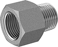 Image of Product. Female x Male. Front orientation. Pipe and Fittings. Low-Pressure Stainless Steel Threaded Pipe Fittings, Straight Adapters with Gasket, Female, Male, Threaded Fitting Connection, Hex Body.