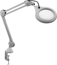 Image of Product. Front orientation. Round Lens. Illuminated Clamp-On Workstation Magnifiers, LED Bulb, Enclosed Spring.
