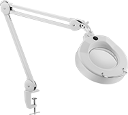 Image of Product. Front orientation. Round Lens. Illuminated Clamp-On Workstation Magnifiers, Fluorescent Bulb, Enclosed Spring.