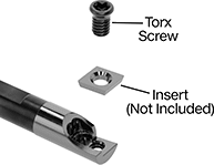 Image of System. Front orientation. Exploded, ZoomedIn view. Contains Annotated. Lathe Tool Insert Holders. Boring Lathe Tool Insert Holders, CCBI Insert Holder.