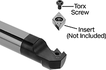 Image of System. Front orientation. Exploded, ZoomedIn view. Contains Annotated. Lathe Tool Insert Holders. Boring Lathe Tool Insert Holders, SDXC Insert Holder.