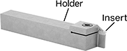 Image of ProductInUse. Shown with Insert (Sold Separately). Front orientation. Contains Annotated. Lathe Tool Insert Holders. Shank-Style Holders for Cutoff and Grooving Lathe Tool Inserts with Two Cutting Edges.