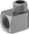 Image of Product. Female × Male. Front orientation. Pipe and Fittings. High-Pressure Brass and Bronze Threaded Pipe Fittings for Drinking Water, 90° Elbow Adapters, Threaded Fitting Connection, Male, Female, Square Body.