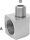 Image of Product. Female × Male. Front orientation. Contains Annotated. Pipe and Fittings. High-Pressure Brass and Bronze Threaded Pipe Fittings for Drinking Water, 90° Elbow Reducing Adapters, Threaded Fitting Connection, Male, Female.
