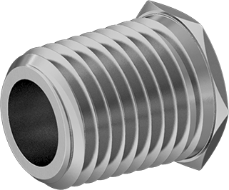 Image of Product. Front orientation. Threaded Brass Pipe Fitting for Drinking Water, Bushing Adapter, 1/4 NPTF Male x 1/8 NPTF Female.