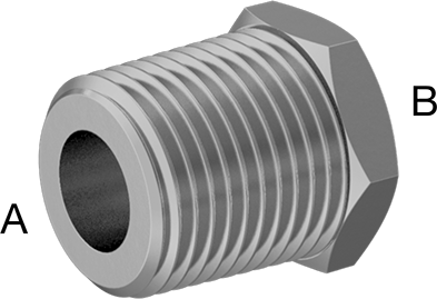 Image of Product. Male × Female. Front orientation. Contains Annotated. Threaded Brass Pipe Fitting for Drinking Water, Bushing Adapter, 1/4 NPTF Male x 1/8 NPTF Female.
