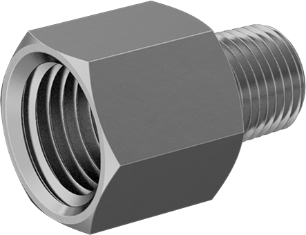 Image of Product. Front orientation. Threaded Brass Pipe Fitting for Drinking Water, High-Pressure, Adapter, 1/4 NPTF Female x 1/8 NPTF Male.