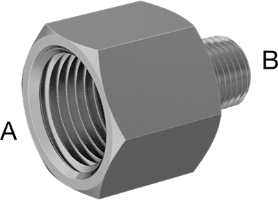 Image of Product. Female × Male. Front orientation. Contains Annotated. Threaded Brass Pipe Fitting for Drinking Water, High-Pressure, Adapter, 1/4 NPTF Female x 1/8 NPTF Male.