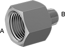 Image of Product. Female × Male. Front orientation. Contains Annotated. Pipe and Fittings. High-Pressure Brass and Bronze Threaded Pipe Fittings for Drinking Water, Straight Reducing Adapters, Threaded Fitting Connection, Male, Female, Hex Body.