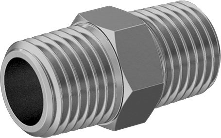 Image of Product. Front orientation. Threaded Brass Pipe Fitting for Drinking Water, High-Pressure, Straight Connector, 1/4 NPTF Male.