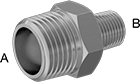 Image of Product. Male × Male. Front orientation. Contains Annotated. Pipe and Fittings. High-Pressure Brass and Bronze Threaded Pipe Fittings for Drinking Water, Straight Reducers, Threaded Fitting Connection, Male, Hex Body.