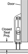 Image of ProductInUse. Mounted with Door Closed. Front orientation. CrossSection view. Contains Annotated. Weatherstripping. Self-Adjusting Bottom-Mount Weatherstripping.