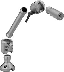 Image of System. Arm Built with Base, Two Straight Connectors, Straight Link, Locking Handle, and Sensor Mount. Front orientation. Exploded view. Positioning Arms. Heavy Duty Ball-Grip Positioning Arms .