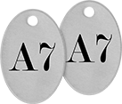 Image of Product. Front orientation. Tags. Made-to-Order Identically Numbered and Lettered Metal Tags, Oval.