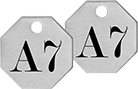 Image of Product. Front orientation. Tags. Made-to-Order Identically Numbered and Lettered Metal Tags, Octagon.
