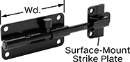 Image of Product. Nonlocking Black Zinc-Plated Steel. Front orientation. Contains Annotated. Slide-Bolt Latches. Self-Aligning Slide-Bolt Latches , Zinc-Plated Steel, Black, Nonlocking.