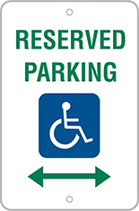 Image of Product. Front orientation. Reflective Aluminum Accessible Parking Sign, (Reserved Parking with Symbol and Arrow), 18" High x 12" Wide.