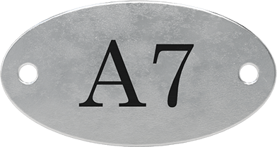 Image of Product. Front orientation. Numbered Plate, with Letters, Aluminum, 1" High x 1-7/8" Wide.