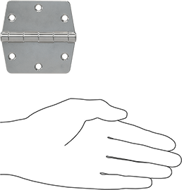 Image of Product. Side1 orientation. Contains SizingReference. Surface-Mount Hinge with Holes, Polished 304 Stainless Steel, Nonremovable Pin, 3" x 1-1/2" Leaves.