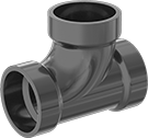 Image of Product. Front orientation. Pipe and Fittings. Drain, Waste, and Vent ABS Pipe Fittings for Chemicals, Short Offset Tee Connectors, Cement Socket Female.
