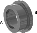 Image of Product. Front orientation. Contains Annotated. Pipe and Fittings. Drain, Waste, and Vent ABS Pipe Fittings for Chemicals, Bushing Straight Reducing Adapters, Cement Socket Male × Cement Socket Female, Round Body.