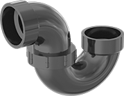 Image of Product. Front orientation. Pipe Traps. Drain, Waste, and Vent ABS Pipe Traps for Chemicals, Union 270° Bend Connectors, Female Socket Connect.