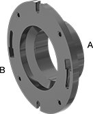 Image of Product. Flat Surface on Back. Back orientation. Contains Annotated. Pipe and Fittings. Drain, Waste, and Vent ABS Pipe Flanges for Chemicals, Reducing Flanges, Cement Socket Female, Flat Surface.