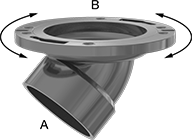Image of Product. Cement Socket Female. Front orientation. Contains Annotated. Pipe and Fittings. Drain, Waste, and Vent ABS Pipe Flanges for Chemicals, Rotating 45° Elbow Reducing Flanges, Cement Socket Female, Flat Surface.
