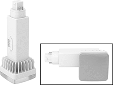 Image of Product. LED (Horizontal, Base Up, and Base Down Operating Position). Front orientation. Contains Inset. Light Bulbs. Four-Pin Wedge-Base Plug-In Compact Light Bulbs, LED, Base Up, Horizontal, Base Down.