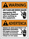 Image of Product. Front orientation. Signs. Illustrated Electrical Hazard Signs, Warning—Arc Flash and Shock Hazard Appropriate PPE and Tools Required When Working on This Equipment/Advertencia—Riesgo De Arco Electrico Y De Descarga Electrica PPE (Equipo De Proteccion Personal) Y Herramientas Adecuadas Son Necesarias Para Trabajar Con Este Equipo (English/Spanish)—Black/Orange Header.