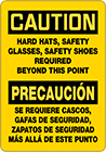 Image of Product. Front orientation. Signs. Personal Protective Equipment Signs, Caution—Hard Hats, Safety Glasses, Safety Shoes Required Beyond This Point/Precaución—Se requiere cascos, gafas de seguridad, zapatos de seguridad más allá de este punto (English/Spanish).
