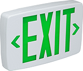 Image of Product. Front orientation. Signs. Backlit Exit Signs, Exit with Arrow (Left, Left and Right, Right)—Green or Red Message on Back and Front.