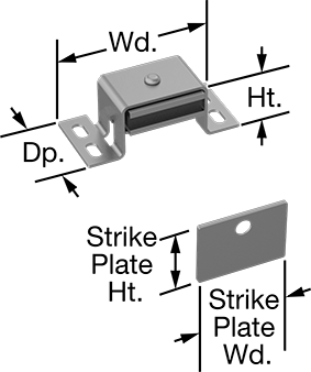 Image of Product. Front orientation. Contains Annotated. Magnetic Latch, Surface Mount, Screw on, Dull Aluminum, 7 lbs. Maximum Pull.